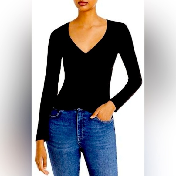 AQUA Ruched Long Sleeve Black Top - Picture 2 of 7